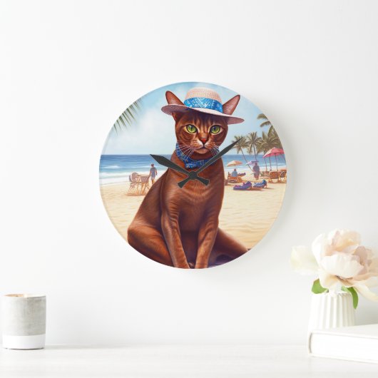 Abessinienkatze am Strand, Sommergeschenk für Katz Große Wanduhr (Zuhause)