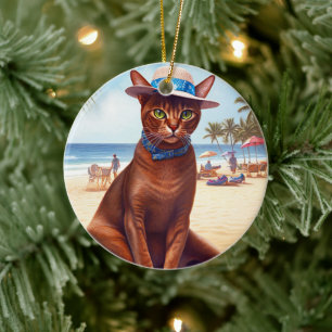 Abessinienkatze am Strand, Sommergeschenk für Katz Keramik Ornament