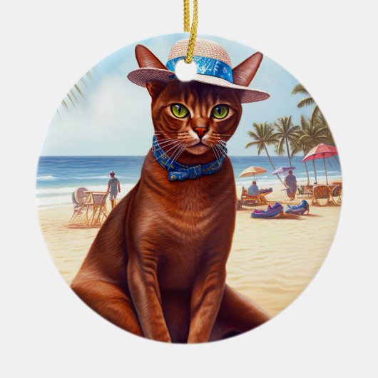Abessinienkatze am Strand, Sommergeschenk für Katz Keramik Ornament (Vorne)
