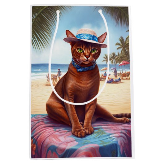 Abessinienkatze am Strand, Sommergeschenk für Katz Mittlere Geschenktüte (Vorderseite)
