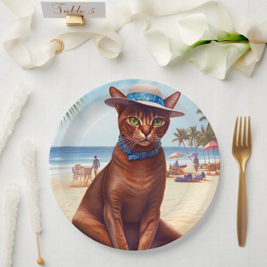 Abessinienkatze am Strand, Sommergeschenk für Katz Pappteller (Hochzeit)