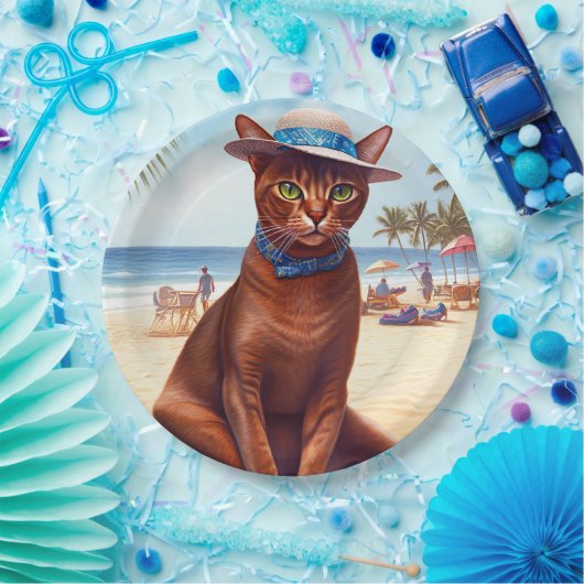 Abessinienkatze am Strand, Sommergeschenk für Katz Pappteller (Party)