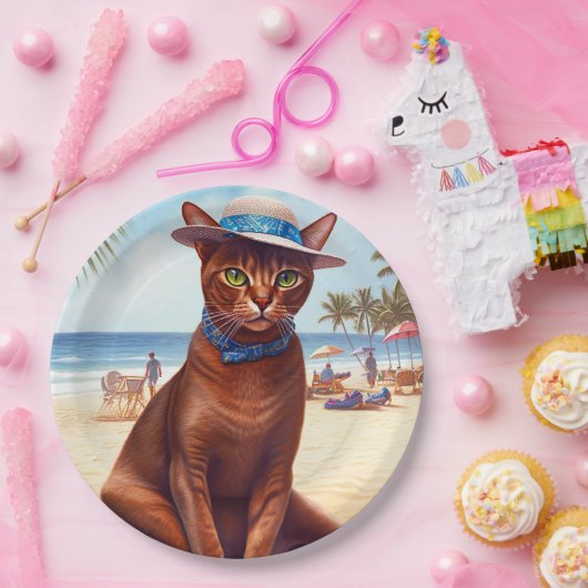Abessinienkatze am Strand, Sommergeschenk für Katz Pappteller (Party)