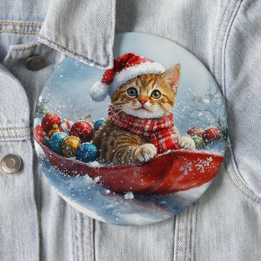 Abessinienkatze in Sledge Lass es Schnee Weihnacht Button (Beispiel)