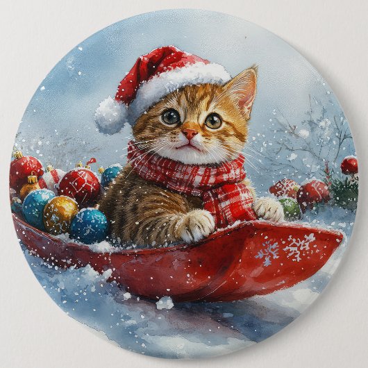Abessinienkatze in Sledge Lass es Schnee Weihnacht Button (Vorderseite)