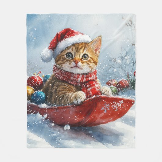 Abessinienkatze in Sledge Lass es Schnee Weihnacht Fleecedecke (Vorderseite)