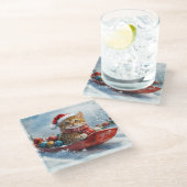 Abessinienkatze in Sledge Lass es Schnee Weihnacht Glasuntersetzer (Schrägansicht)