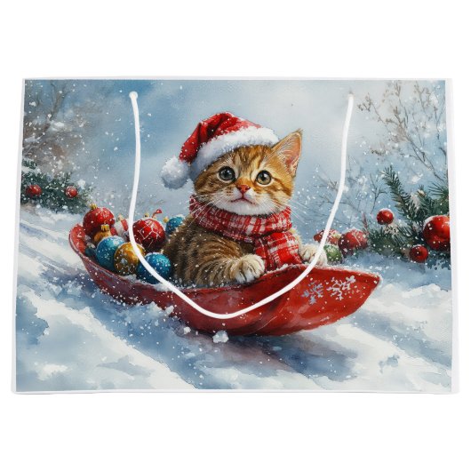 Abessinienkatze in Sledge Lass es Schnee Weihnacht Große Geschenktüte (Vorderseite)