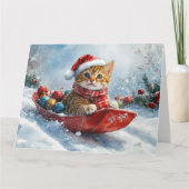 Abessinienkatze in Sledge Lass es Schnee Weihnacht Karte (Vorderseite)