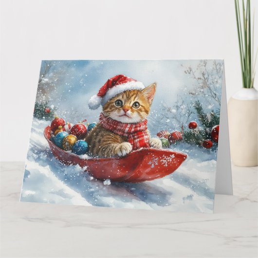 Abessinienkatze in Sledge Lass es Schnee Weihnacht Karte (Vorderseite)