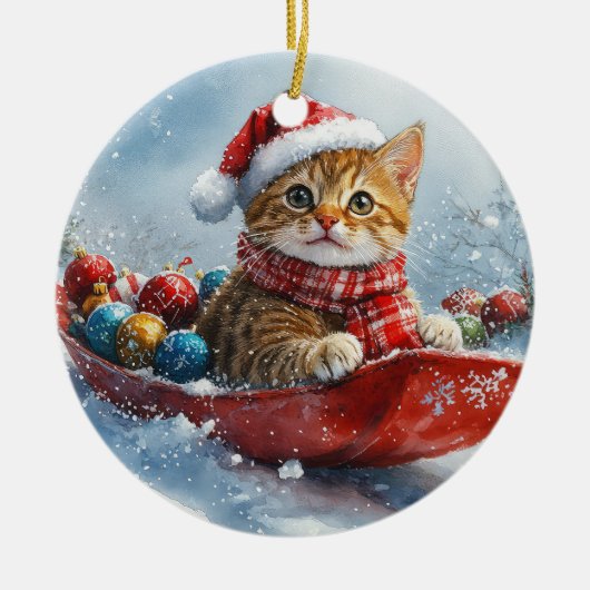 Abessinienkatze in Sledge Lass es Schnee Weihnacht Keramik Ornament (Vorne)