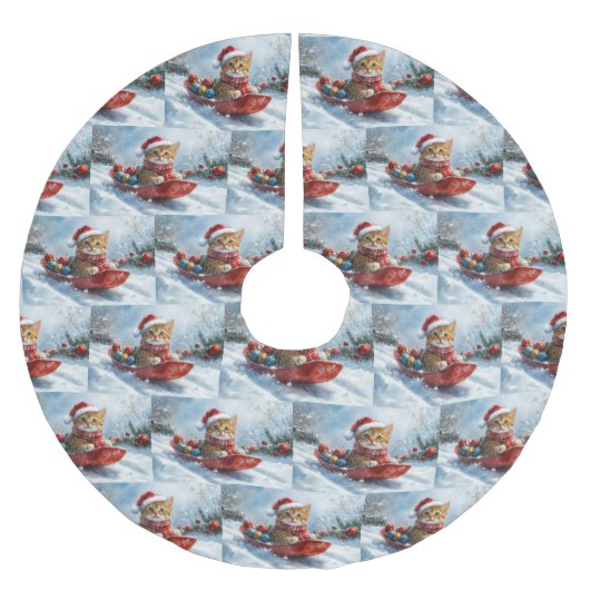 Abessinienkatze in Sledge Lass es Schnee Weihnacht Polyester Weihnachtsbaumdecke (Vorderseite)