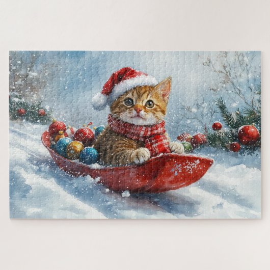 Abessinienkatze in Sledge Lass es Schnee Weihnacht Puzzle (Horizontal)