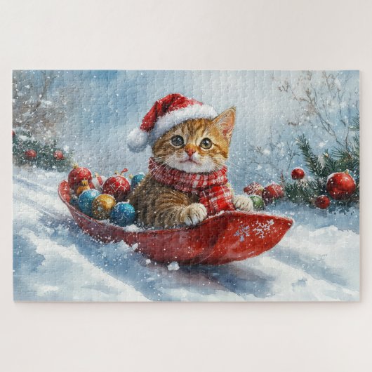 Abessinienkatze in Sledge Lass es Schnee Weihnacht Puzzle (Horizontal)