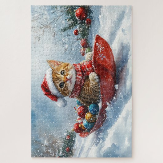 Abessinienkatze in Sledge Lass es Schnee Weihnacht Puzzle (Vertikal)