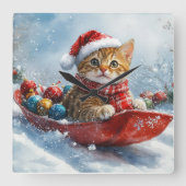 Abessinienkatze in Sledge Lass es Schnee Weihnacht Quadratische Wanduhr (Vorderseite)