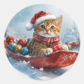 Abessinienkatze in Sledge Lass es Schnee Weihnacht Runder Aufkleber (Vorderseite)