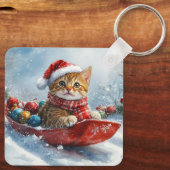 Abessinienkatze in Sledge Lass es Schnee Weihnacht Schlüsselanhänger (Rückseite)
