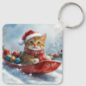 Abessinienkatze in Sledge Lass es Schnee Weihnacht Schlüsselanhänger (Rückseite)