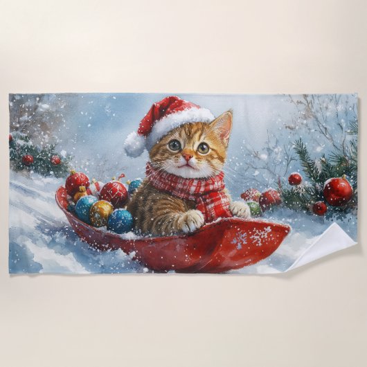 Abessinienkatze in Sledge Lass es Schnee Weihnacht Strandtuch (Vorderseite)