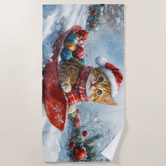Abessinienkatze in Sledge Lass es Schnee Weihnacht Strandtuch (Vorderseite)