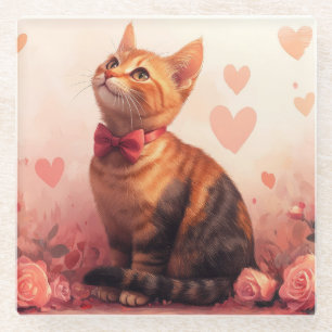Abessinienkatze mit Rose - Valentinstag Glasuntersetzer