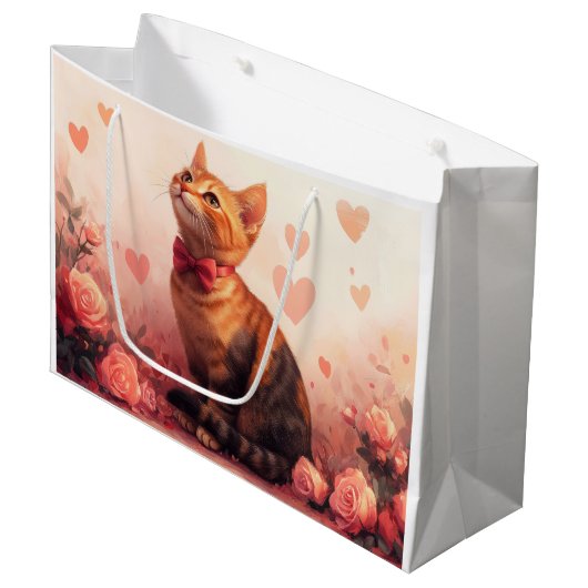 Abessinienkatze mit Rose - Valentinstag Große Geschenktüte (Vorderseite Schrägansicht)