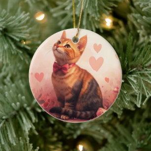 Abessinienkatze mit Rose - Valentinstag Keramik Ornament