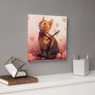 Abessinienkatze mit Rose - Valentinstag Quadratische Wanduhr