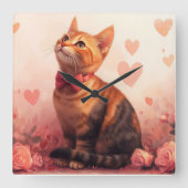 Abessinienkatze mit Rose - Valentinstag Quadratische Wanduhr (Vorderseite)