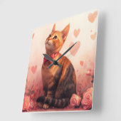 Abessinienkatze mit Rose - Valentinstag Quadratische Wanduhr (Winkel)