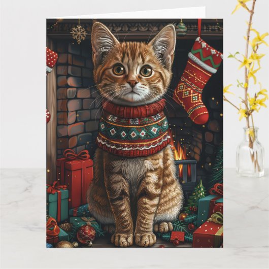 Abessinienkatze mit Weihnachtsgeschenken Feuerplat Karte (Gelbe Blume)