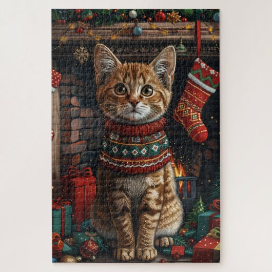 Abessinienkatze mit Weihnachtsgeschenken Feuerplat Puzzle (Vertikal)
