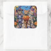Abessinienkatzen Trick-or-Treating in Halloween Co Quadratischer Aufkleber (Tasche)