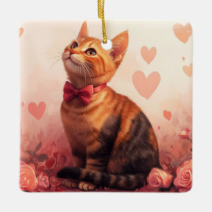 Abessinierkatze mit Rosen - Valentinstag Keramikornament