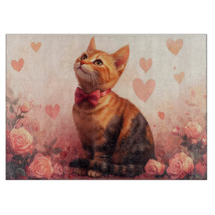 Abessinierkatze mit Rosen - Valentinstag  Schneidebrett