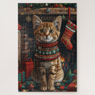 Abessinierkatze mit Weihnachtsgeschenken Kamin Puzzle