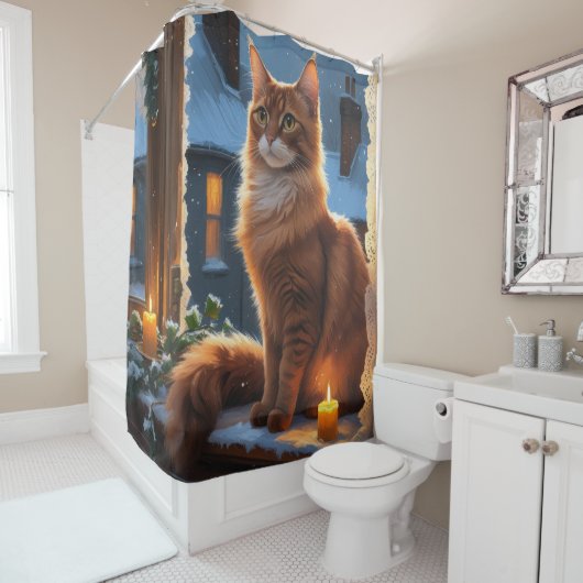 Abessinierkatze mit Weihnachtslichtern Urlaub Duschvorhang (Beispiel)