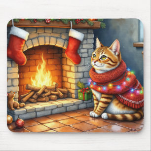 Abessinierkatze sitzt neben dem Kamin mit Weihnach Mousepad