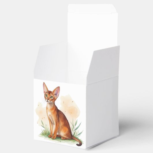 Abessinische Katze umgeben von sanften Farben und Geschenkschachtel (Geöffnet)