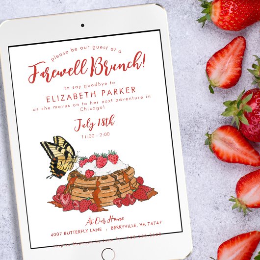 Abfahrt Farewell Brunch Strawberry Waffeln Einladung