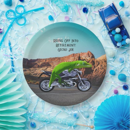 Abfahrt in den Ruhestand Custom Gecko Motorrad Pappteller (Party)