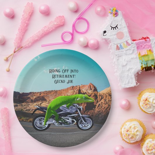 Abfahrt in den Ruhestand Custom Gecko Motorrad Pappteller (Party)