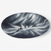 Abfahrtskier im Mondschein Pappteller (Schrägansicht)