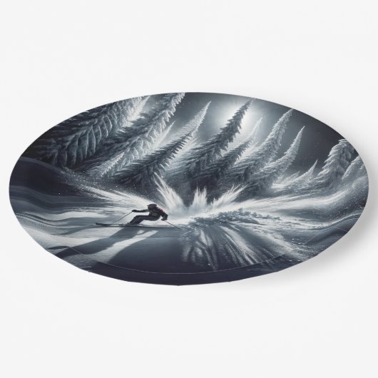 Abfahrtskier im Mondschein Pappteller (Schrägansicht)