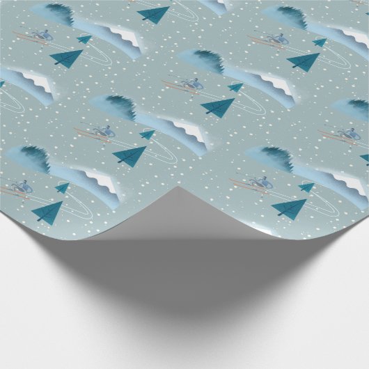 Abfahrtskier mit Snowflake Hintergrund Geschenkpapier (Ecke)