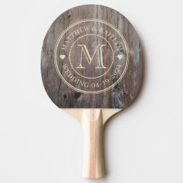 Abgenutzte Planken Hochzeitsmonogramm Herz Tischtennis Schläger