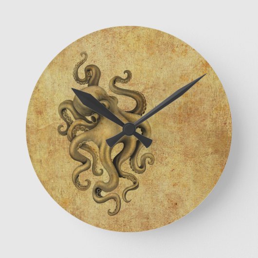 Abgenutzte Vintage Octopus-Illustration Runde Wanduhr (Vorderseite)
