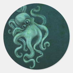 Abgenutzte Vintage-Oktopus-Illustration - Blau Runder Aufkleber