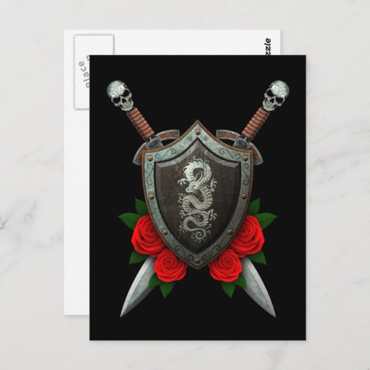 Abgenutzter chinesischer Drachenschild und Schwert Postkarte (Vorne/Hinten)
